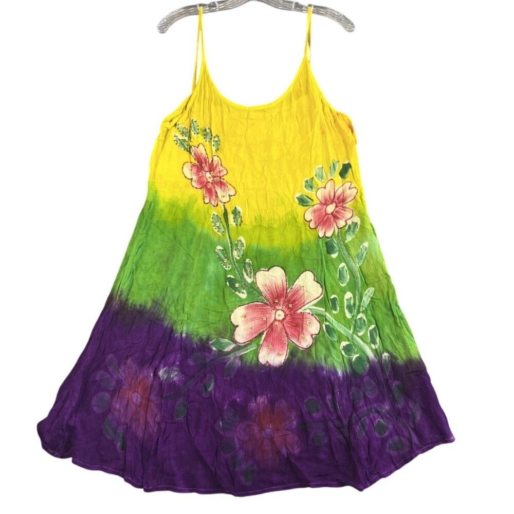 Womens S Sundress Multicolor Beaded Accents Floral Flowing Tie Dye Boho Summer